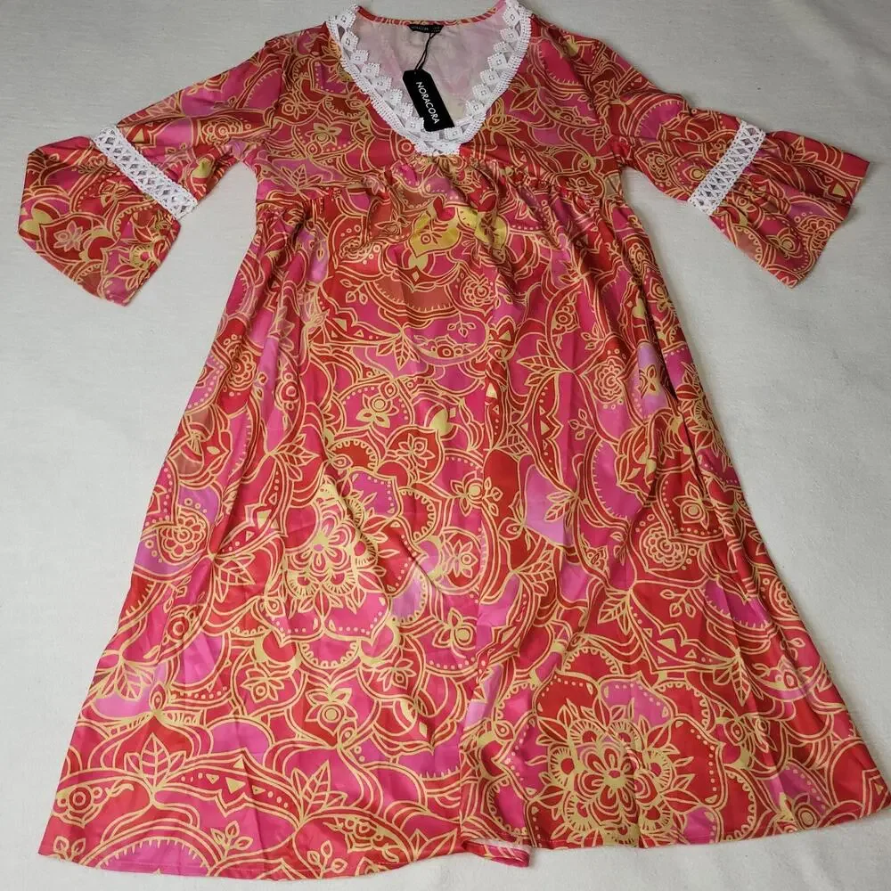 Noracora Dress Womans Small Lagenlook Flower Pink Lacey Cottagecore Boho Grandma